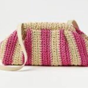 LOFT  NEW- striped ruffle straw bag , lined, snaps to close
